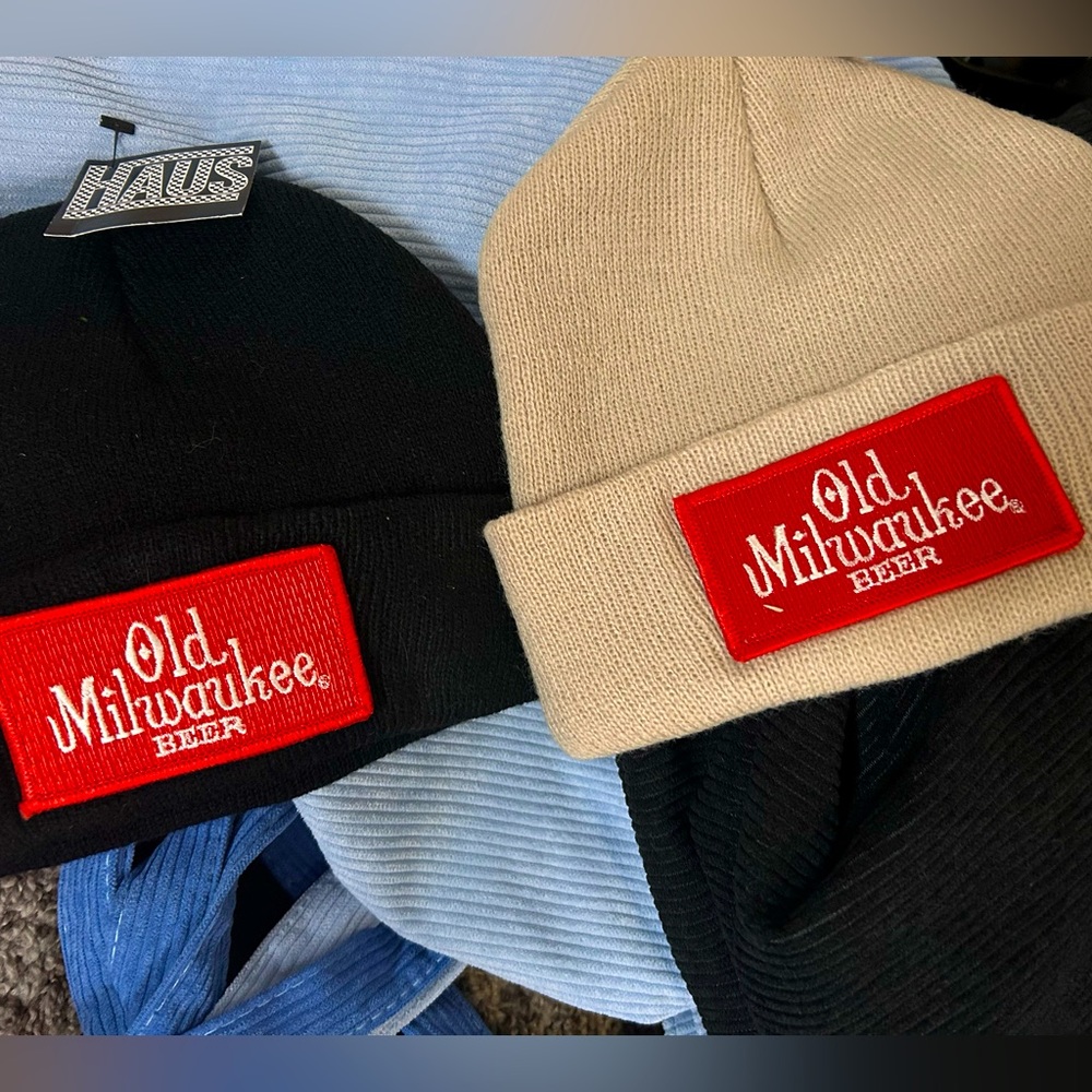Beanies with beer patches